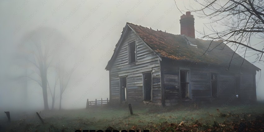 Old, abandoned wooden house in the fog