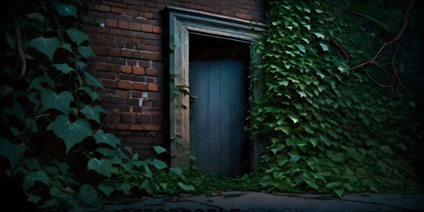 A doorway with ivy growing on it