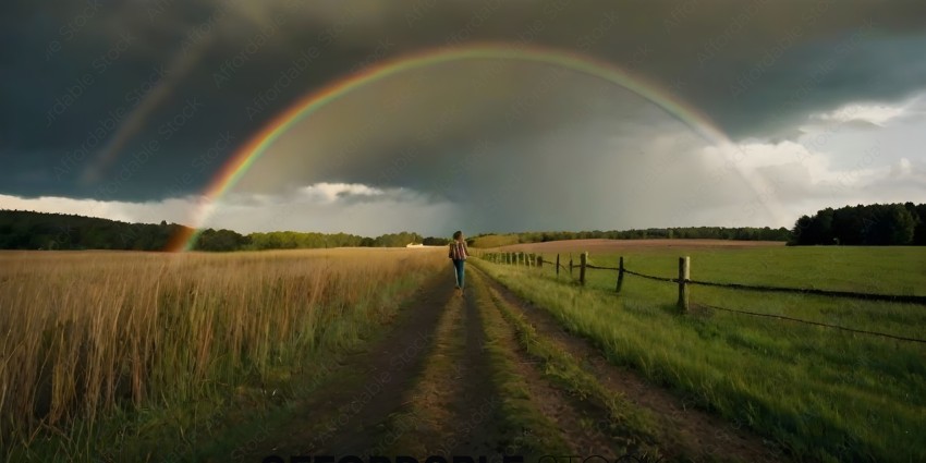 A person walking down a dirt road with a rainbow in the background