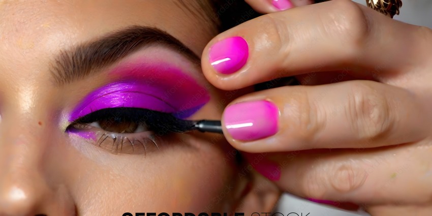 A woman with purple eyeshadow and pink nail polish