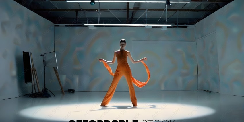 A woman in an orange dress is standing on a white floor