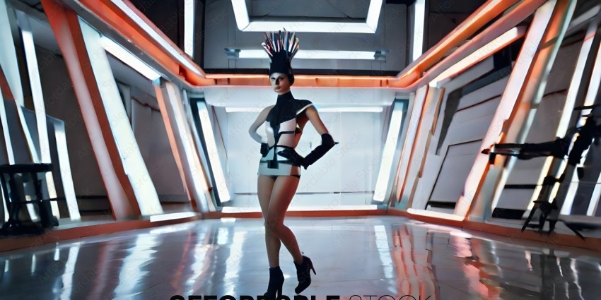 A woman in a futuristic costume poses in a studio