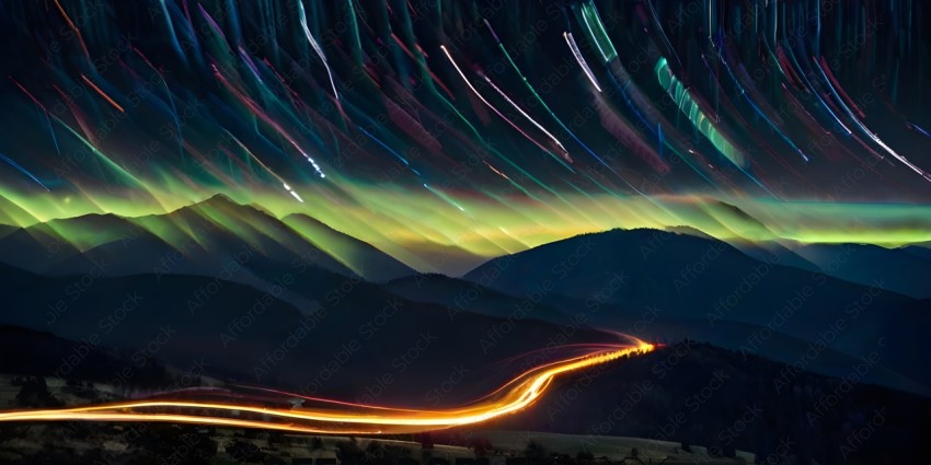 A long exposure of a mountain range with a rainbow colored sky
