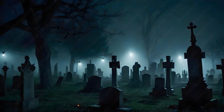 A Foggy Cemetery at Night