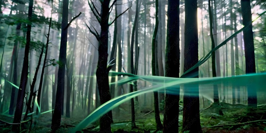 A forest with a green glow