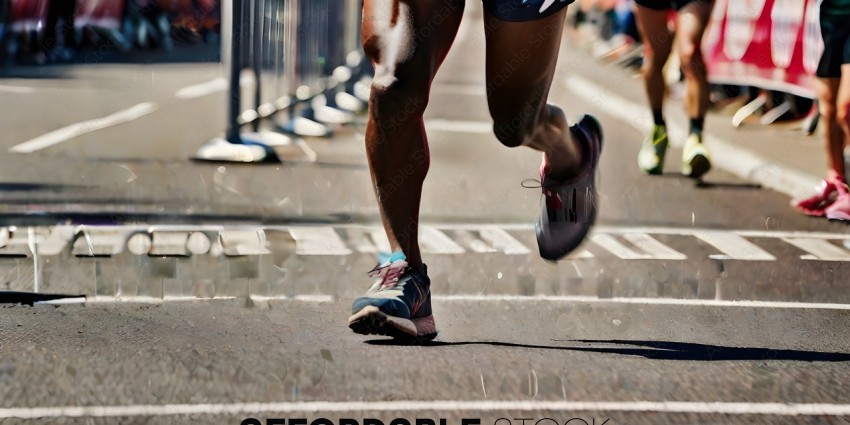A runner in a marathon with a blue shoe