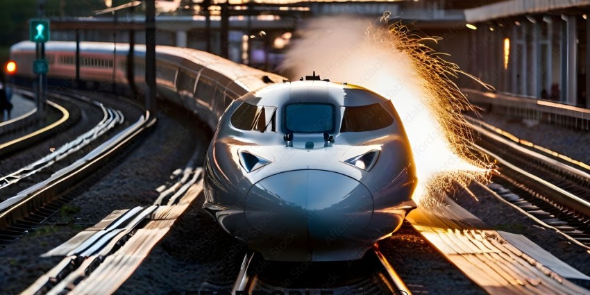 A silver bullet train on the tracks