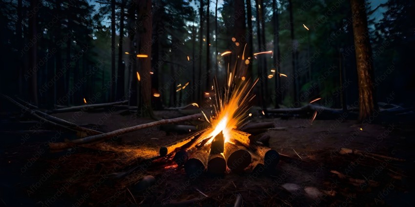 A fire in the woods with sparks flying