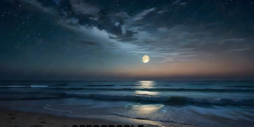 A beautiful beach scene with a full moon