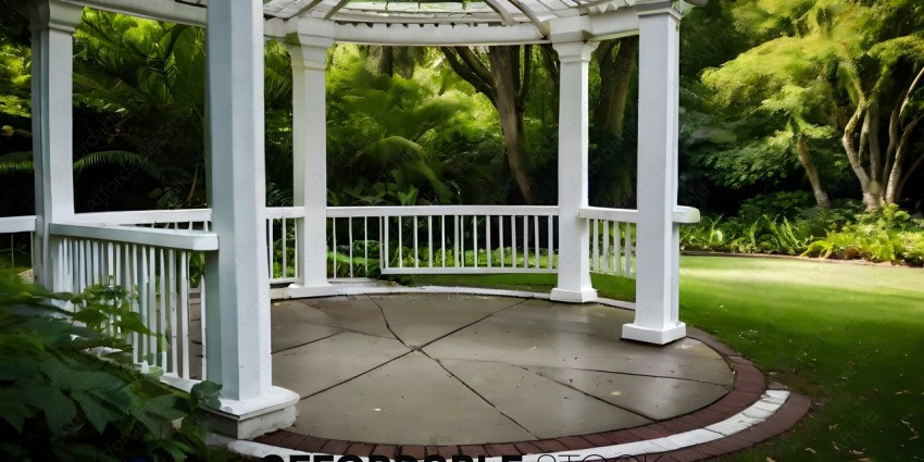 A gazebo with a white fence and a circular patio