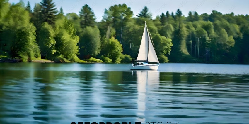 Sailboat on a lake with trees in the background