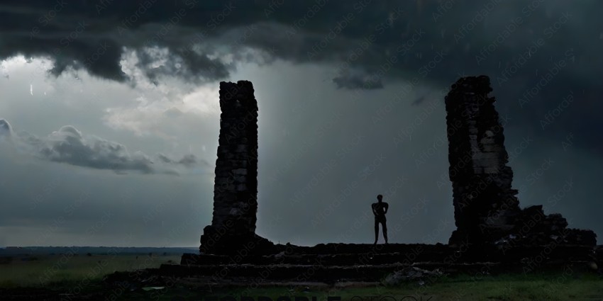 A man standing in front of a stone structure in the rain