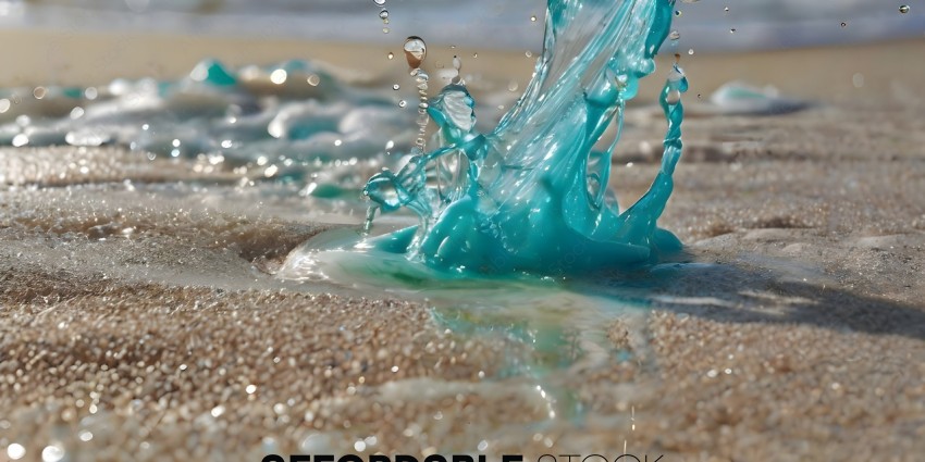 A blue substance splashes on the sand