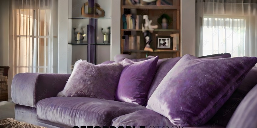 A purple couch with a fur throw on it