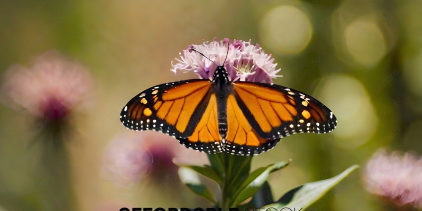 A butterfly with a pink flower in the foreground