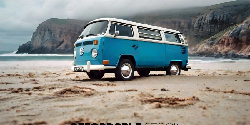 A blue Volkswagen van on a sandy beach