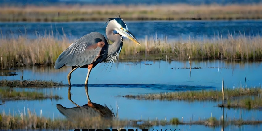 A large bird with a long beak standing in a body of water