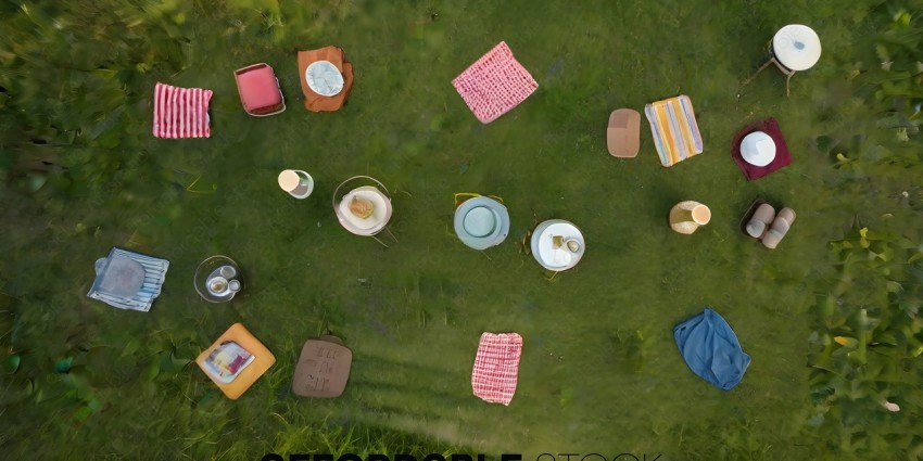 A group of picnic items are laid out on the grass