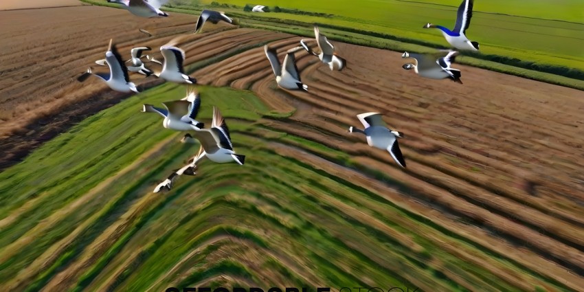 A flock of birds flying over a field