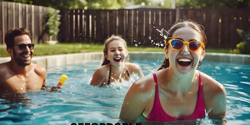 Two girls in a pool laughing and splashing water