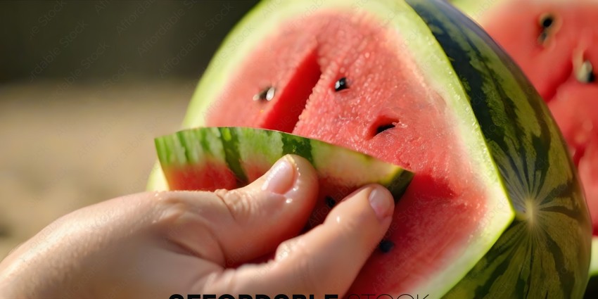 A person is cutting a watermelon into a triangle shape