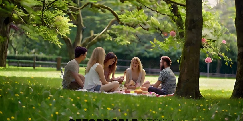 A group of people sitting in the grass eating