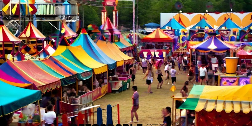 People walking around a carnival with colorful tents