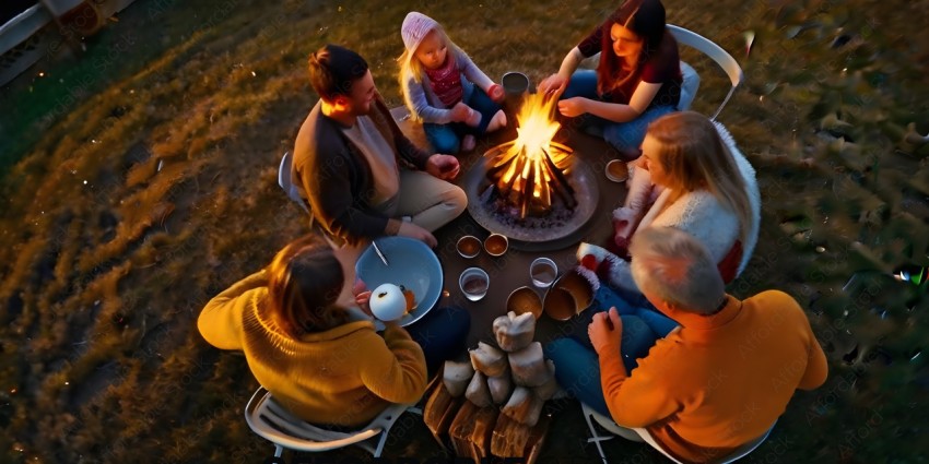 A family of six enjoys a campfire together