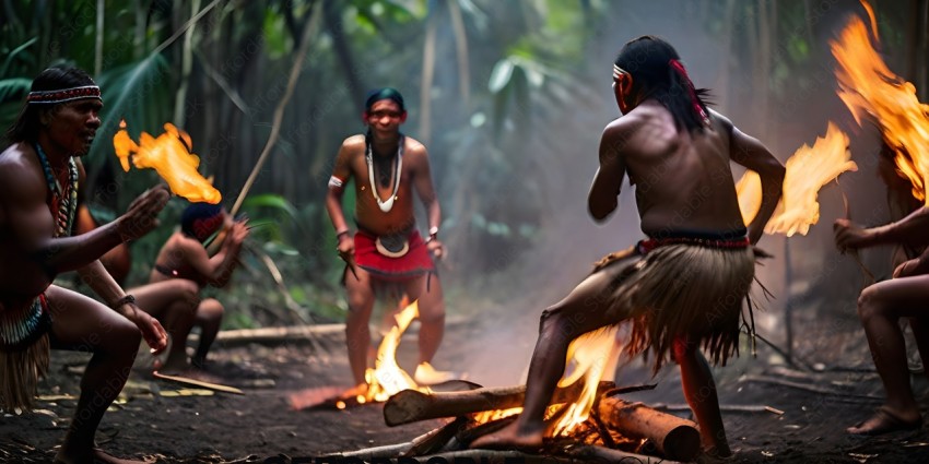 Two Native American men are standing in front of a fire
