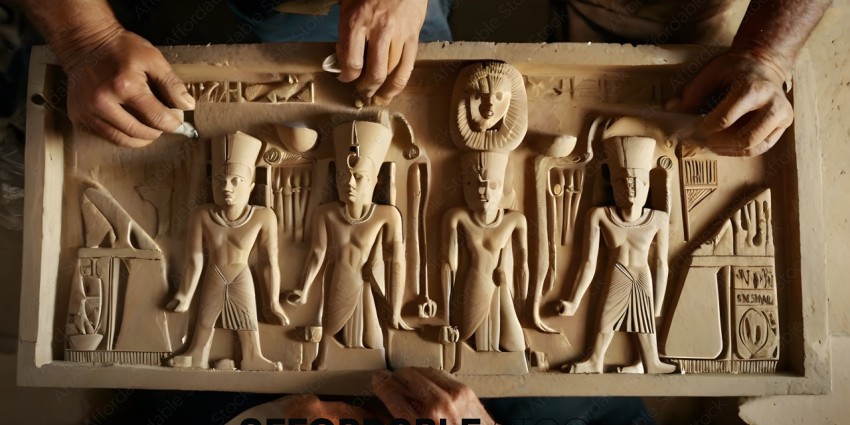 A person carving a relief of ancient Egyptian pharaohs