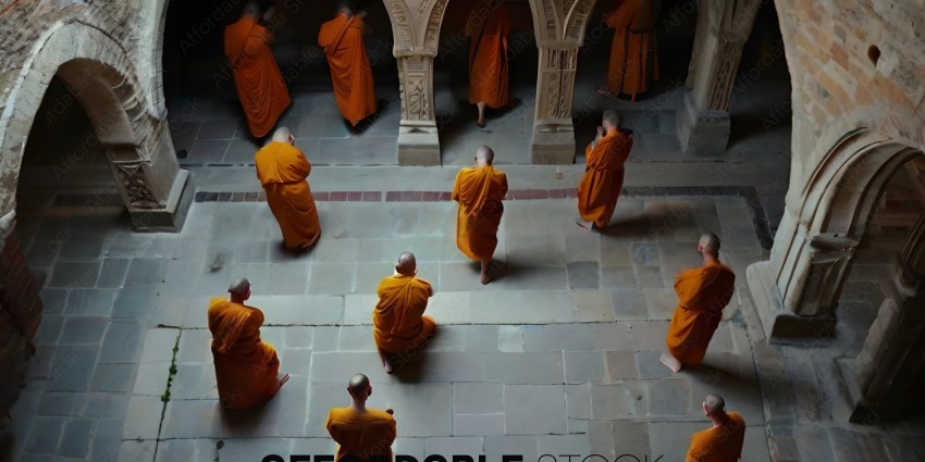 Buddhist monks in orange robes praying in a courtyard