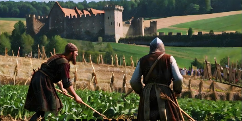 Two men in medieval clothing are working in a field