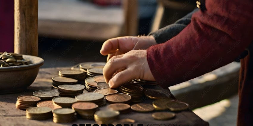 A person is picking up coins from a pile
