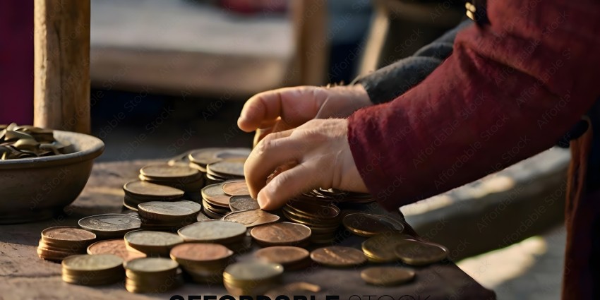 A person picking up coins from a pile