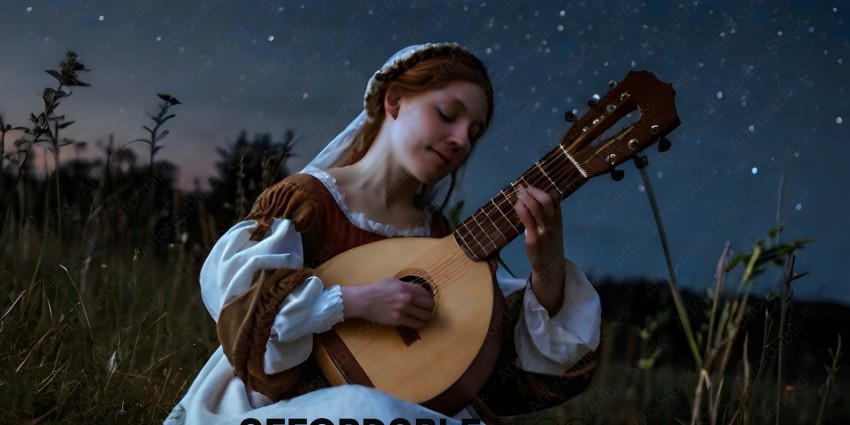 A woman playing a guitar under the stars