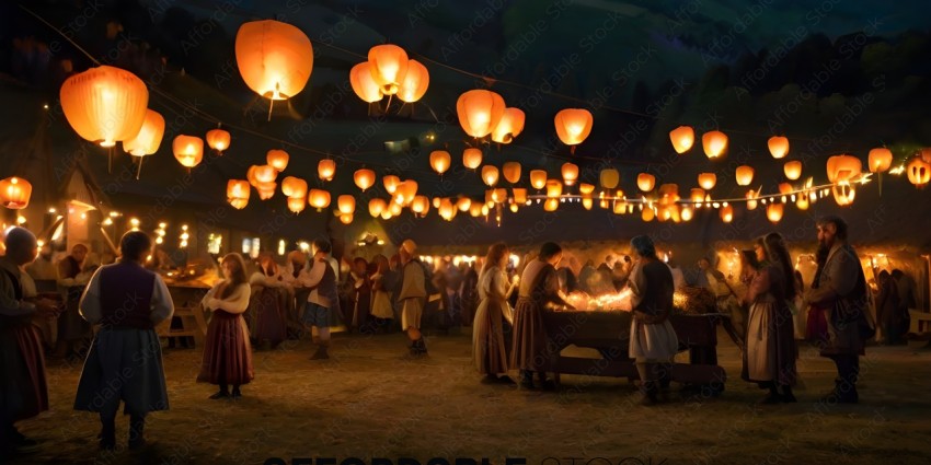 A group of people are gathered around a table with lanterns