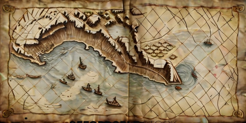 An old map of a coastal area with several boats