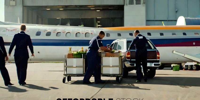 Two men loading a truck with food