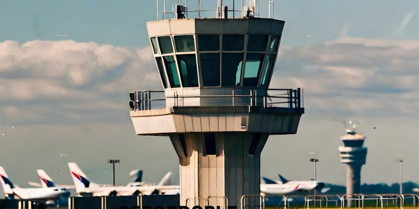Control Tower at Airport with Airplanes in Background