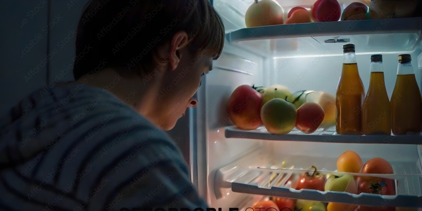 A person looking at the fruits in the refrigerator