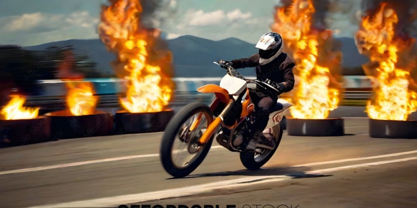 Man riding motorcycle on track with fire in background