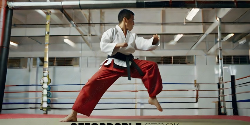 A man in a karate uniform is kicking