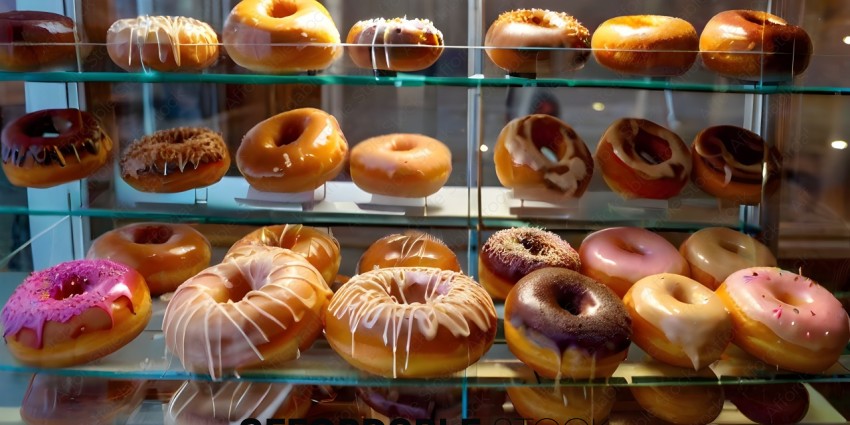 A variety of glazed donuts on display