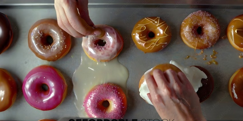 A person is dipping a donut into a container of frosting