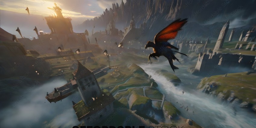 A dragon flying over a castle with a red tail
