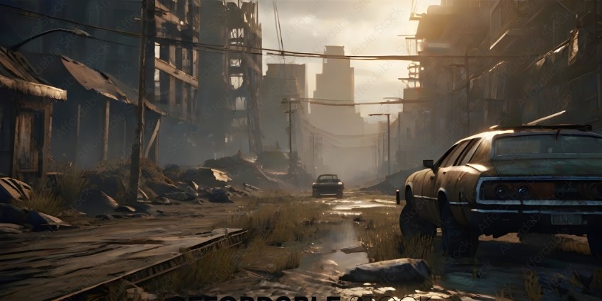 A car in a destroyed city