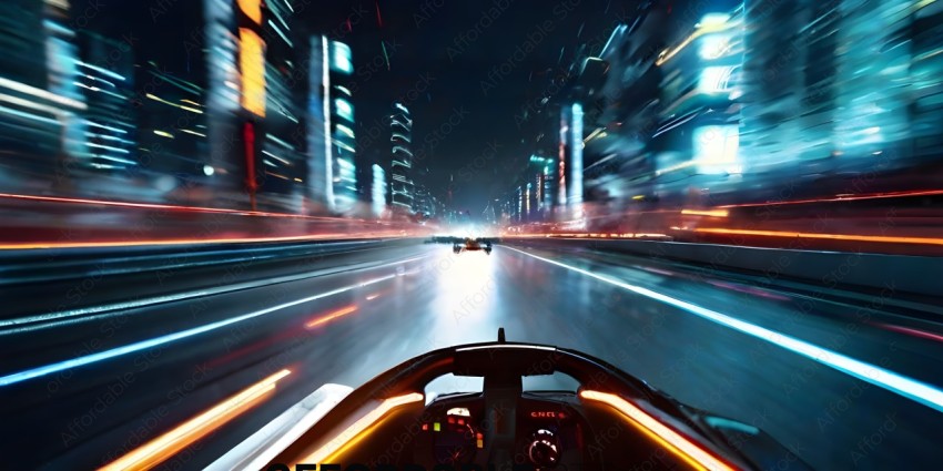 A blurry nighttime cityscape with a car racing