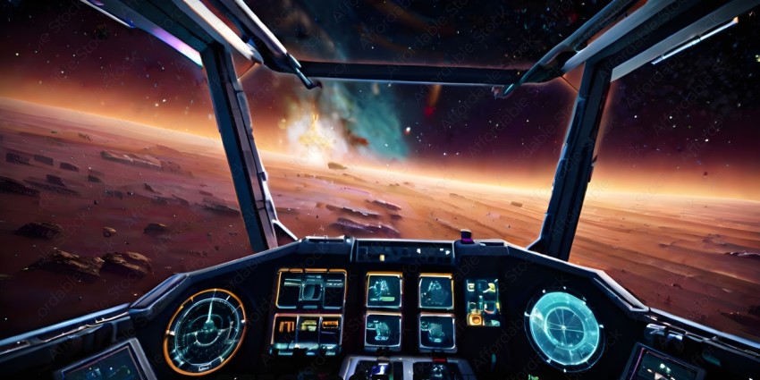A cockpit of a space ship with a view of a planet