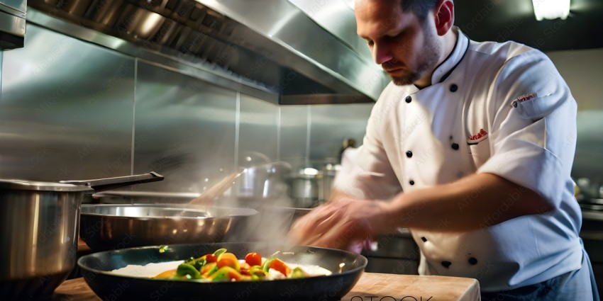 A chef in a white uniform cooking in a kitchen