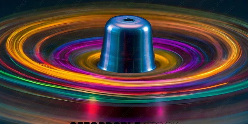 A colorful spinning top with a blue center
